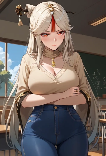 genshin impact,ningguang_(genshin_impact),teacher, sweater, jeans shorts  - AI generated anime art