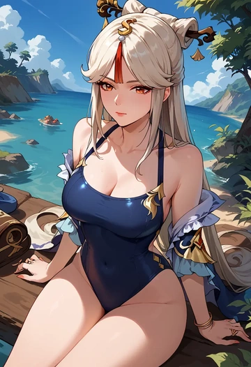 genshin impact,ningguang_(genshin_impact),retro style swimsuit,frilled neckline,bow detail  - AI generated anime art