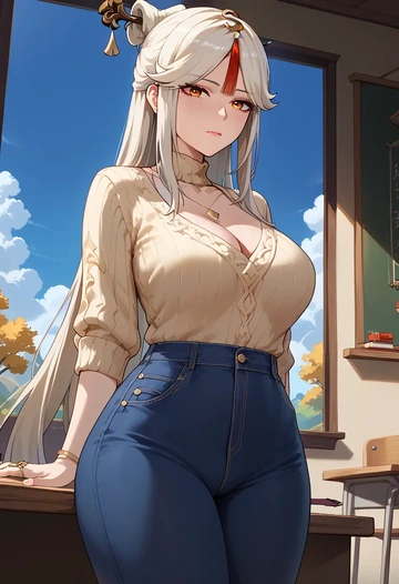 genshin impact,ningguang_(genshin_impact),teacher, sweater, jeans shorts  - AI generated anime art