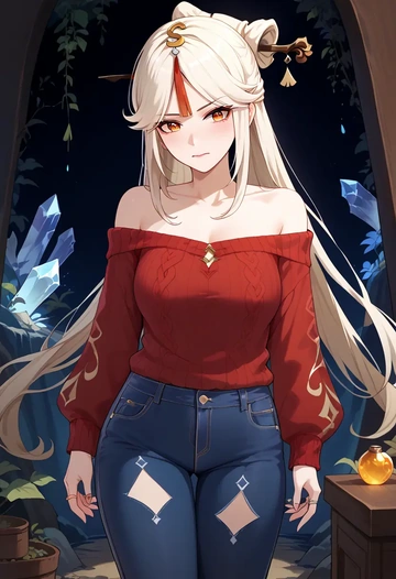 genshin impact,ningguang_(genshin_impact),sweater,off-shoulder,ripped jeans  - AI generated anime art