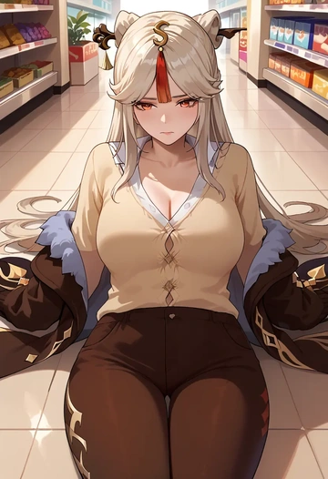 genshin impact,ningguang_(genshin_impact),cardigan,oversized,wide-leg pants  - AI generated anime art