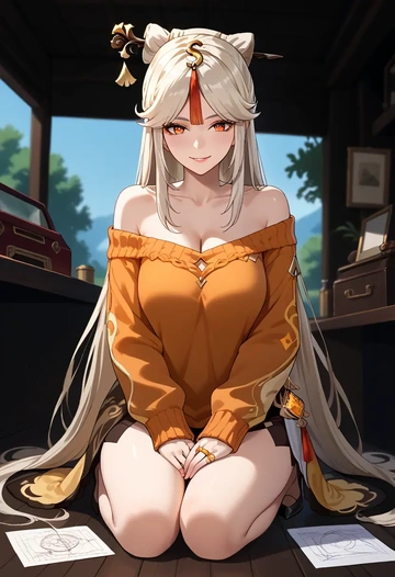 genshin impact,ningguang_(genshin_impact),orange,sweater  - AI generated anime art