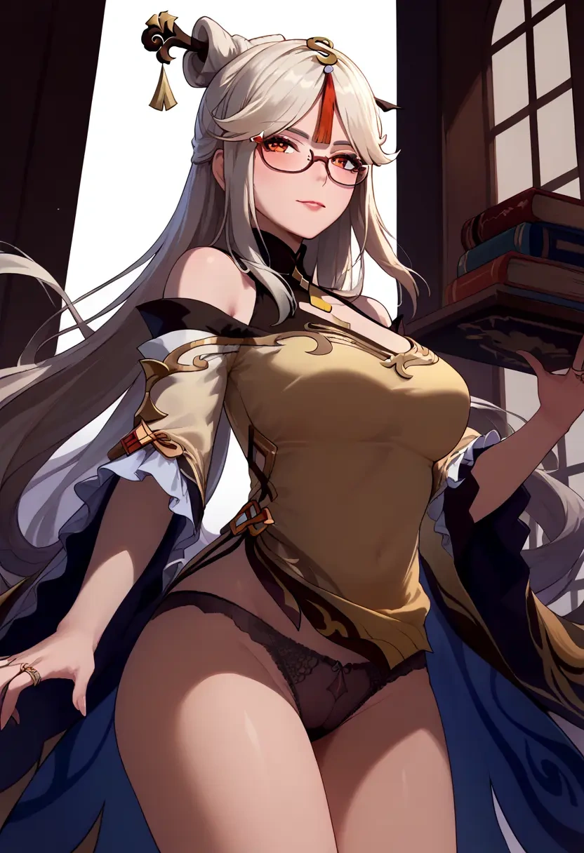 genshin impact,ningguang,sweater,panties,off-shoulder,glasses,sexy  - 