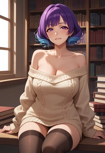 idolmaster,ninomiya_asuka,Biting lip,off-shoulder,sweater,stockings  - AI generated anime art