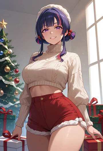 idolmaster,ninomiya_asuka,Christmas,red velvet shorts,turtleneck sweater  - AI generated anime art