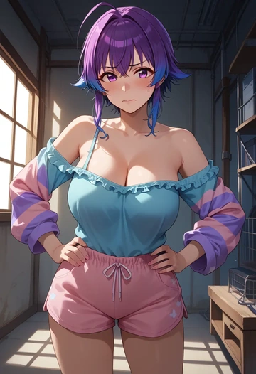 idolmaster,ninomiya_asuka,pajamas, low-waisted shorts  - AI generated anime art