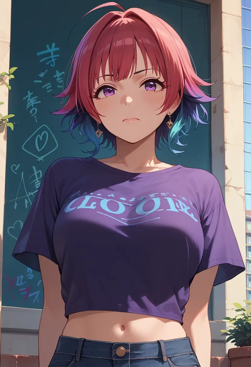 idolmaster,ninomiya_asuka,crop graffiti tee,dolphin shorts  - 