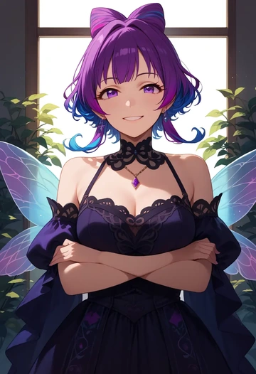 idolmaster,ninomiya_asuka,dark fairy blouse,layered tulle skirt,glitter stockings  - AI generated anime art