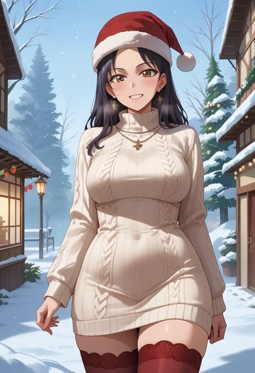 girls_und_panzer,nishi_kinuyo,Christmas,sweater dress,stockings  - AI generated anime art