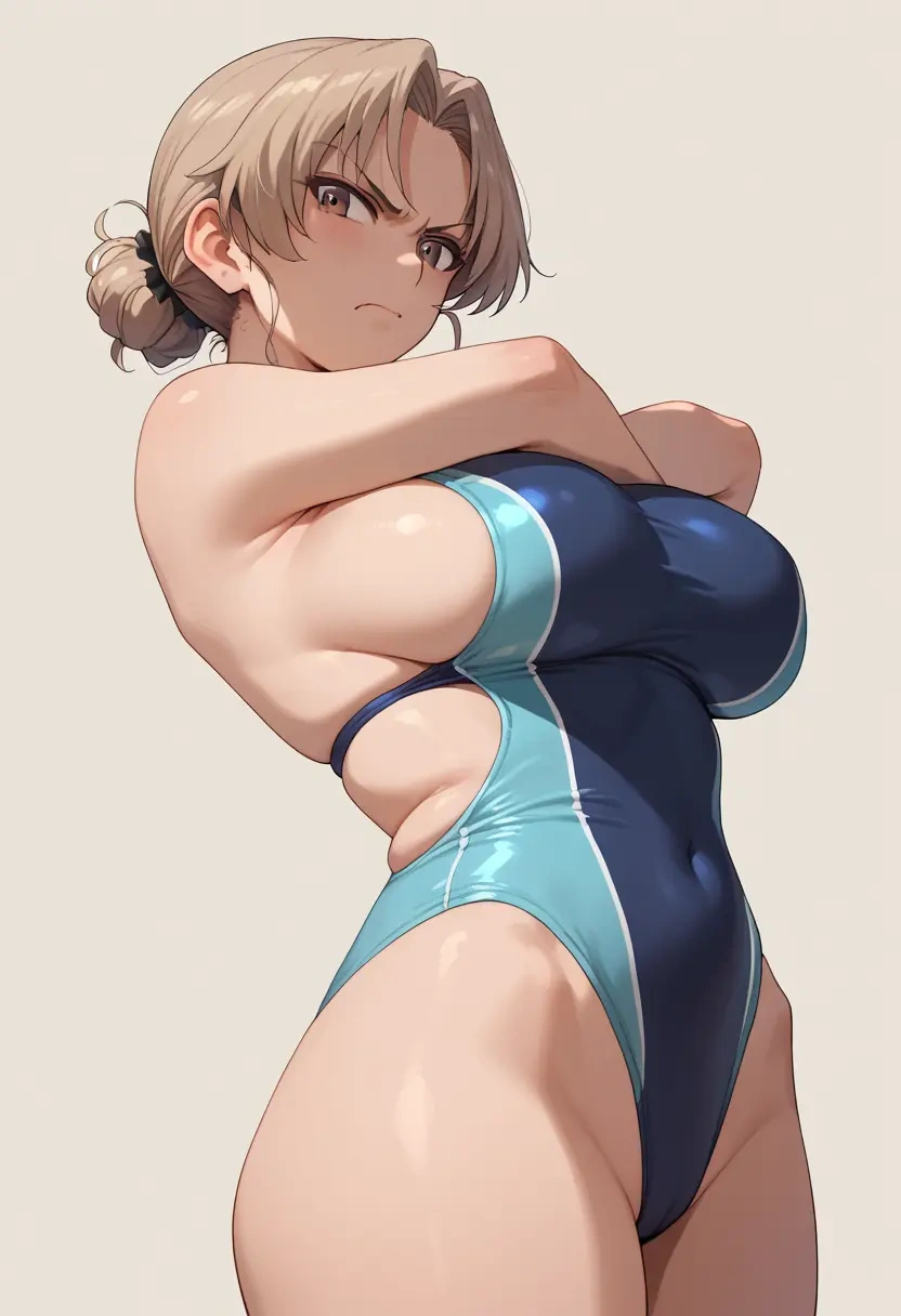 girls_und_panzer,nishi_kinuyo,racerback swimsuit,striped trim,name tag patch  - 