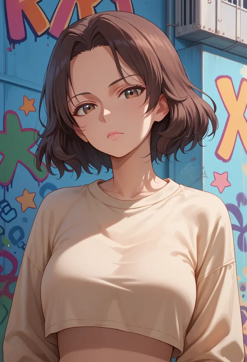 girls_und_panzer,nishi_kinuyo,cropped graffiti sweatshirt,dolphin shorts  - 