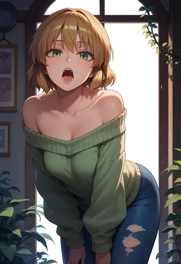 touhou,nishida_satono,sweater,off-shoulder,ripped jeans  - AI generated anime art