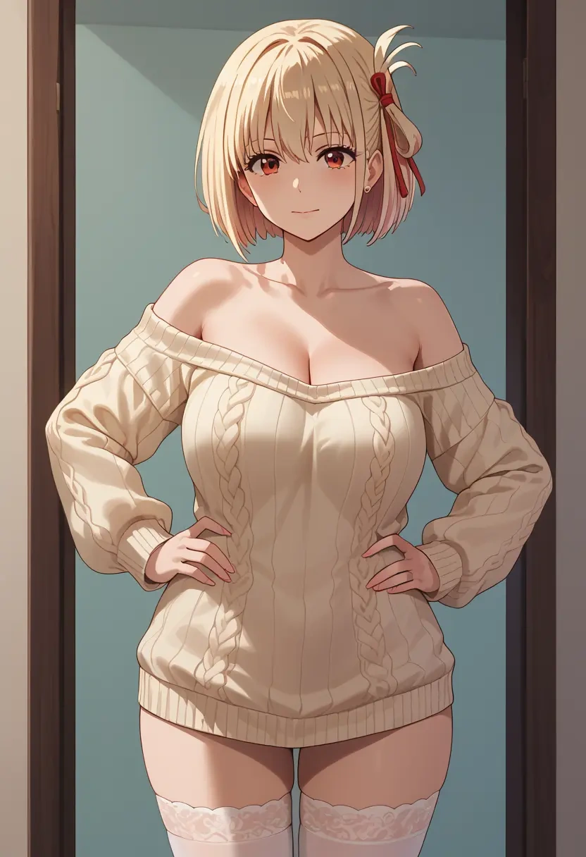 lycoris_recoil,nishikigi_chisato,Hands on hips,off-shoulder,sweater,stockings  - 