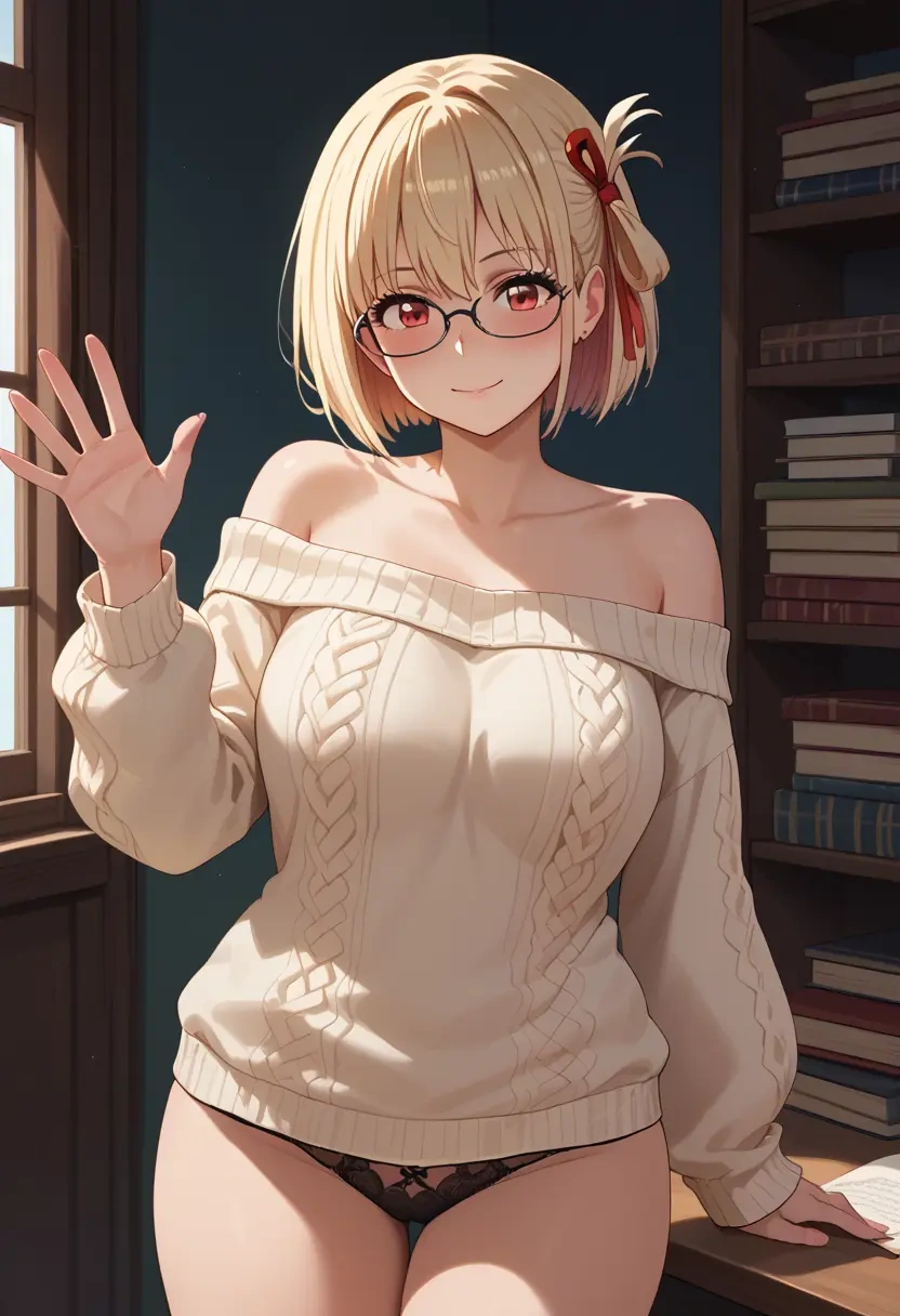 lycoris_recoil,nishikigi_chisato,sweater,panties,off-shoulder,glasses,sexy  - 