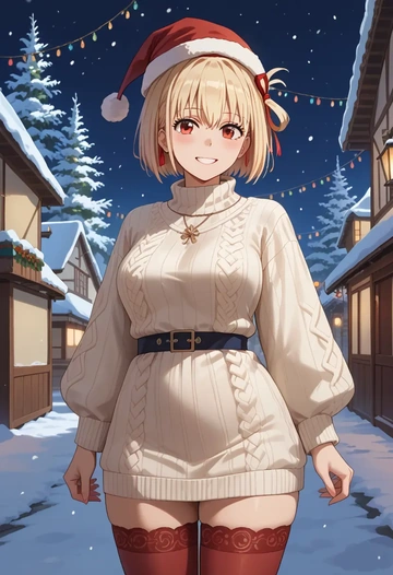 lycoris_recoil,nishikigi_chisato,Christmas,sweater dress,stockings  - AI generated anime art