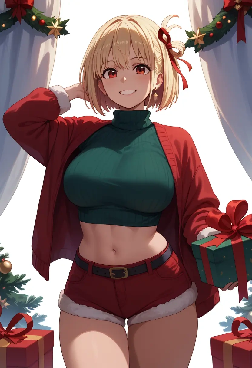 lycoris_recoil,nishikigi_chisato,Christmas,red velvet shorts,turtleneck sweater  - 