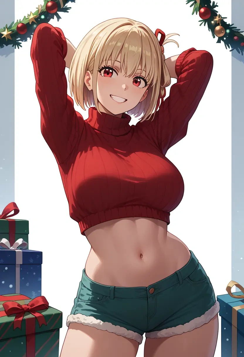 lycoris_recoil,nishikigi_chisato,Christmas,red velvet shorts,turtleneck sweater  - 