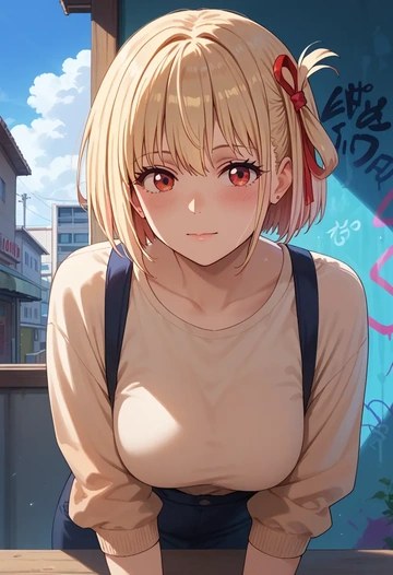 lycoris_recoil,nishikigi_chisato,neon graffiti top,dolphin shorts  - AI generated anime art