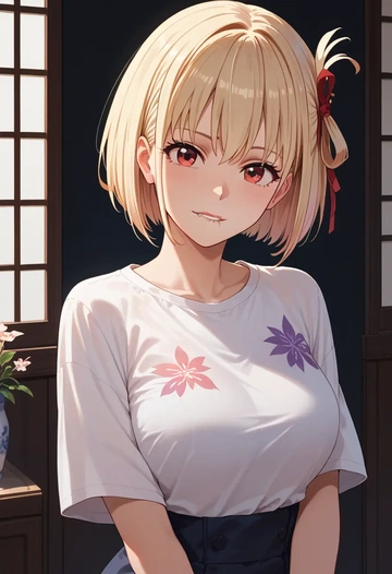 lycoris_recoil,nishikigi_chisato,calligraphy print shirt,dolphin shorts  - AI generated anime art