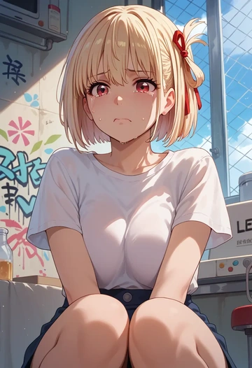 lycoris_recoil,nishikigi_chisato,crop graffiti tee,dolphin shorts  - AI generated anime art