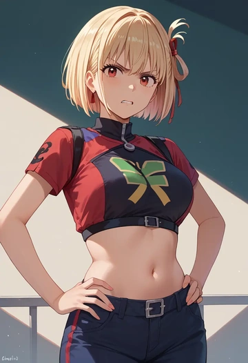 lycoris_recoil,nishikigi_chisato,crop top,athletic shorts  - AI generated anime art