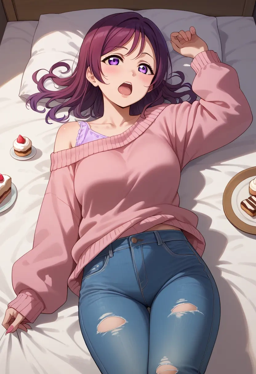 love_live,nishikino_maki,sweater,off-shoulder,ripped jeans  - 