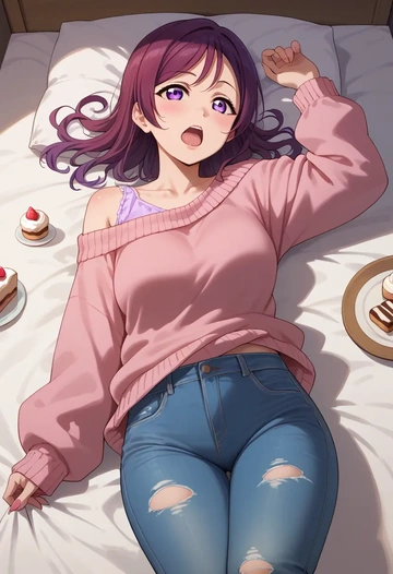 love_live,nishikino_maki,sweater,off-shoulder,ripped jeans  - AI generated anime art