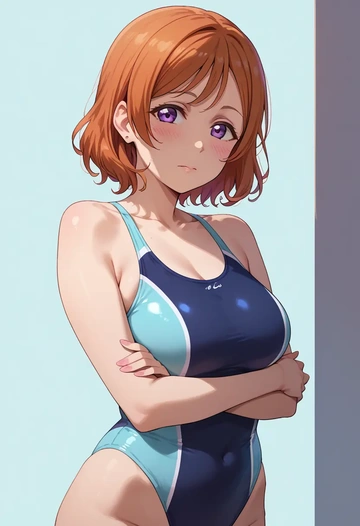 love_live,nishikino_maki,racerback swimsuit,striped trim,name tag patch  - AI generated anime art