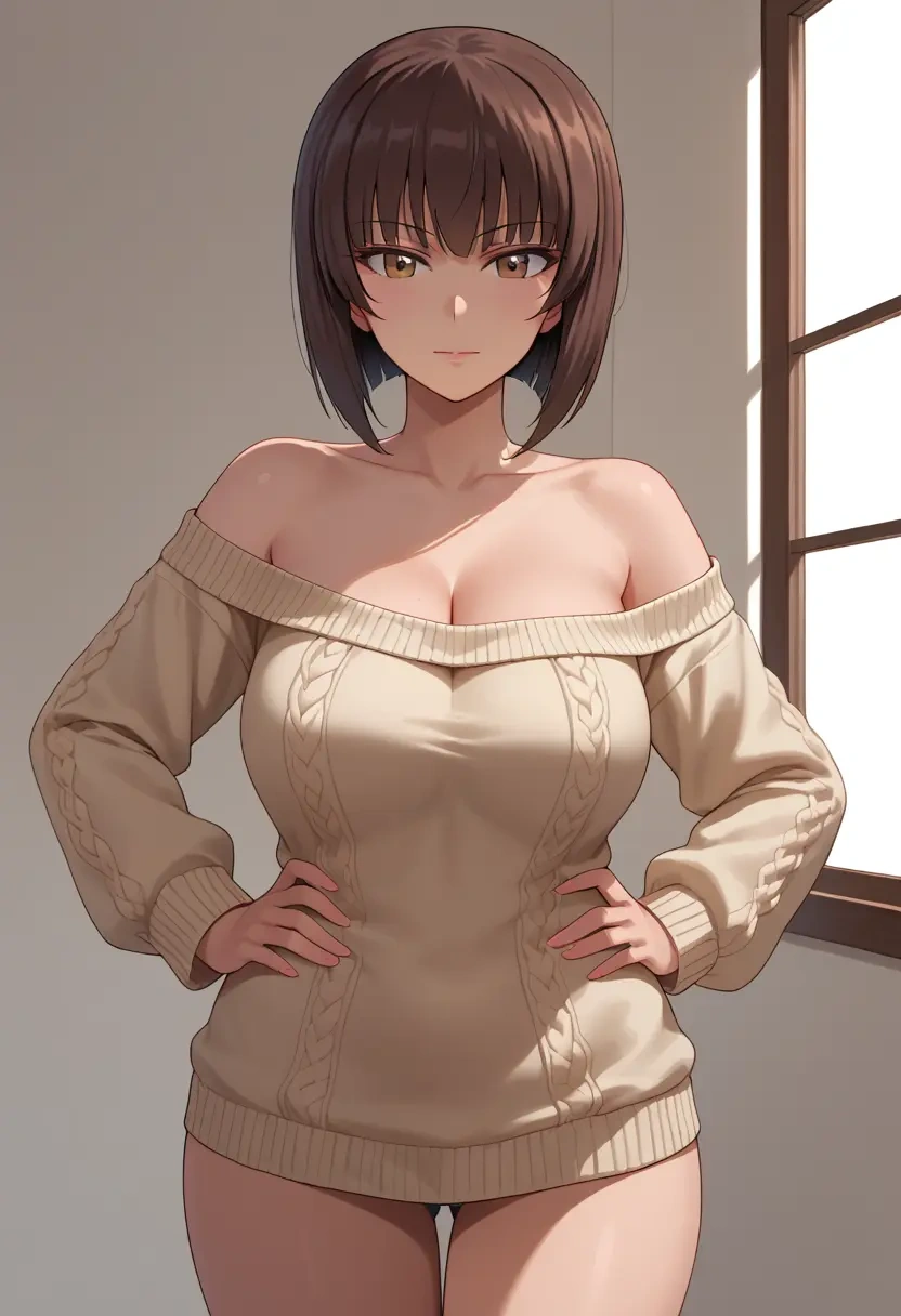 girls_und_panzer,nishizumi_maho,Hands on hips,off-shoulder,sweater  - 