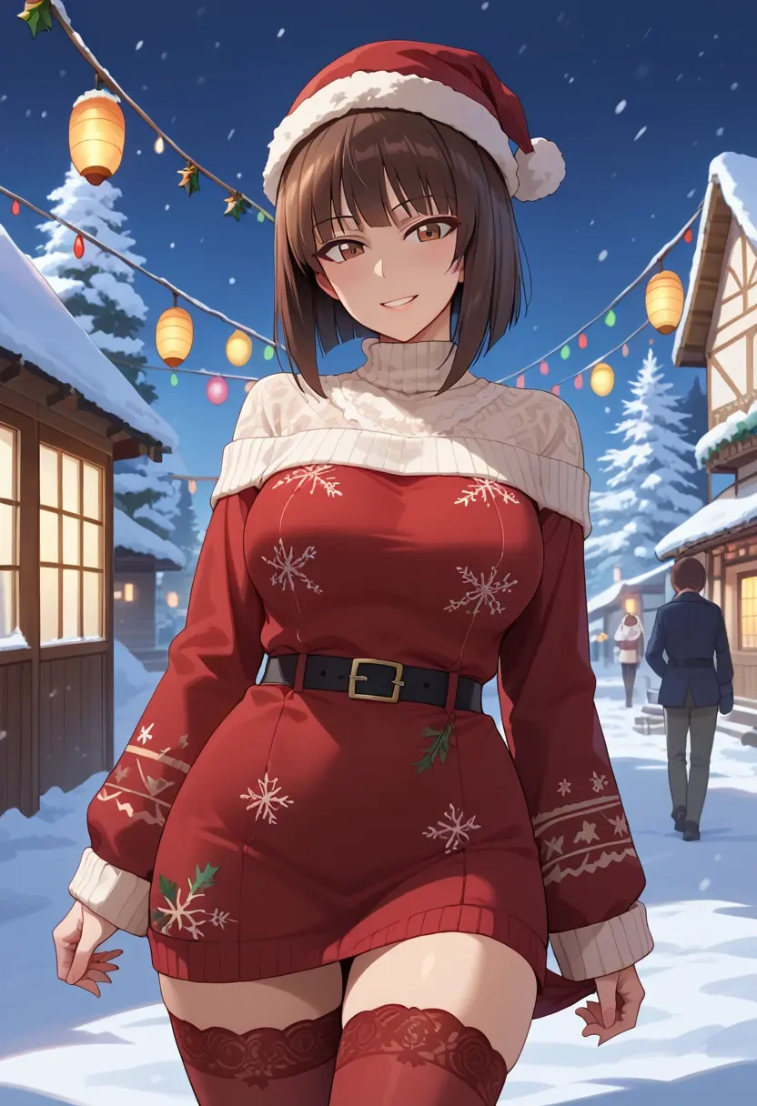 girls_und_panzer,nishizumi_maho,Christmas,sweater dress,stockings  - 