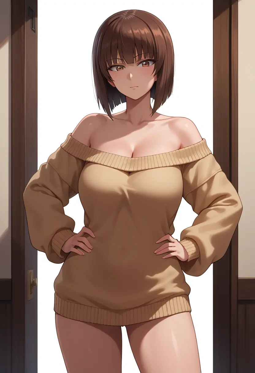 girls_und_panzer,nishizumi_miho,Hands on hips,off-shoulder,sweater  - 