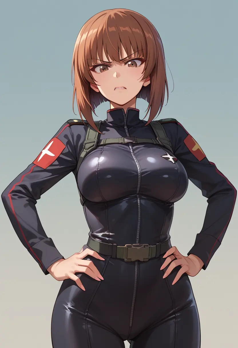 girls_und_panzer,nishizumi_miho,black widow bodysuit,spiderweb cape,leather gloves  - 