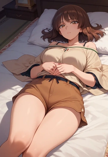 girls_und_panzer,nishizumi_miho,graphic tee,shorts,sneakers  - AI generated anime art