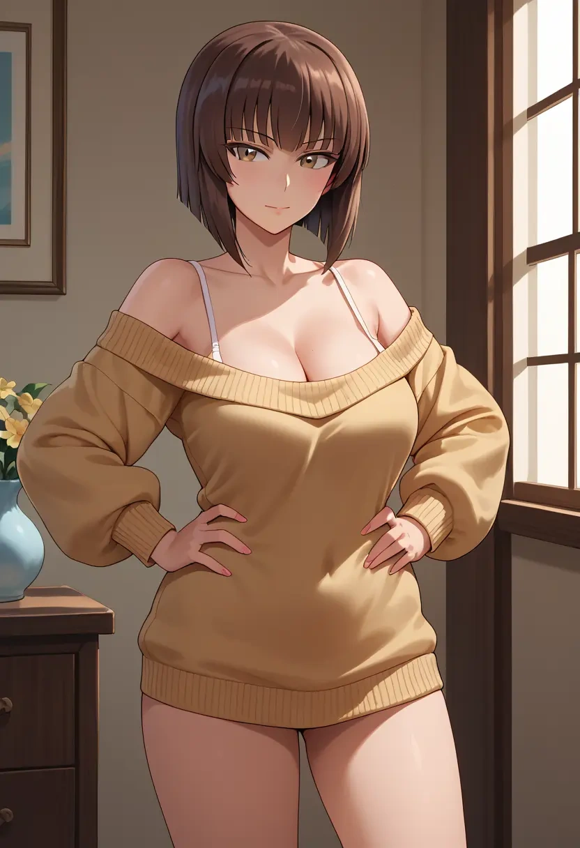 girls_und_panzer,nishizumi_shiho,Hands on hips,off-shoulder,sweater  - 