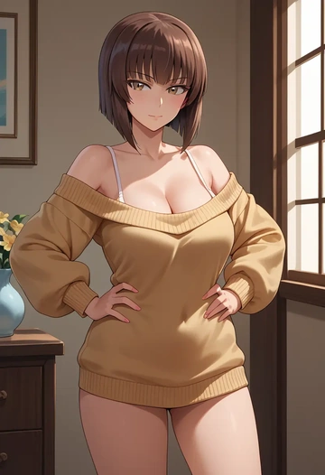 girls_und_panzer,nishizumi_shiho,Hands on hips,off-shoulder,sweater  - AI generated anime art