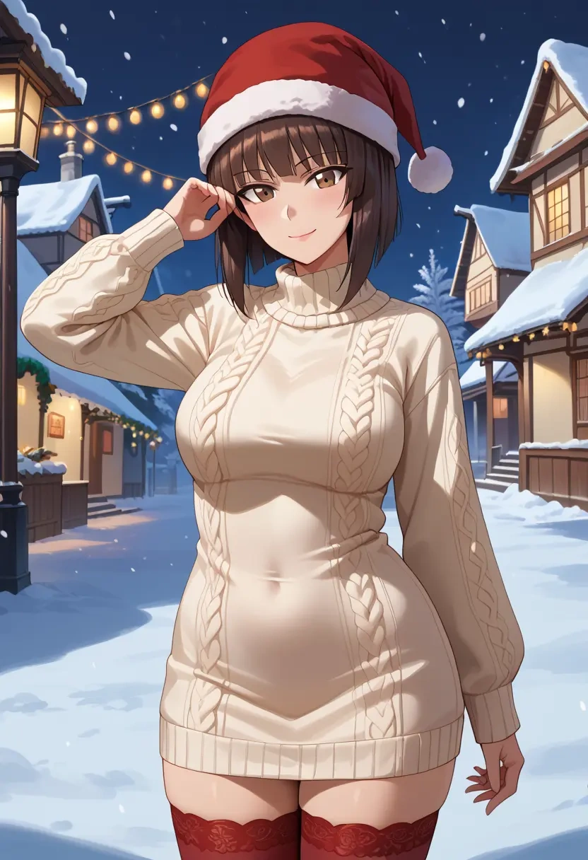 girls_und_panzer,nishizumi_shiho,Christmas,sweater dress,stockings  - 