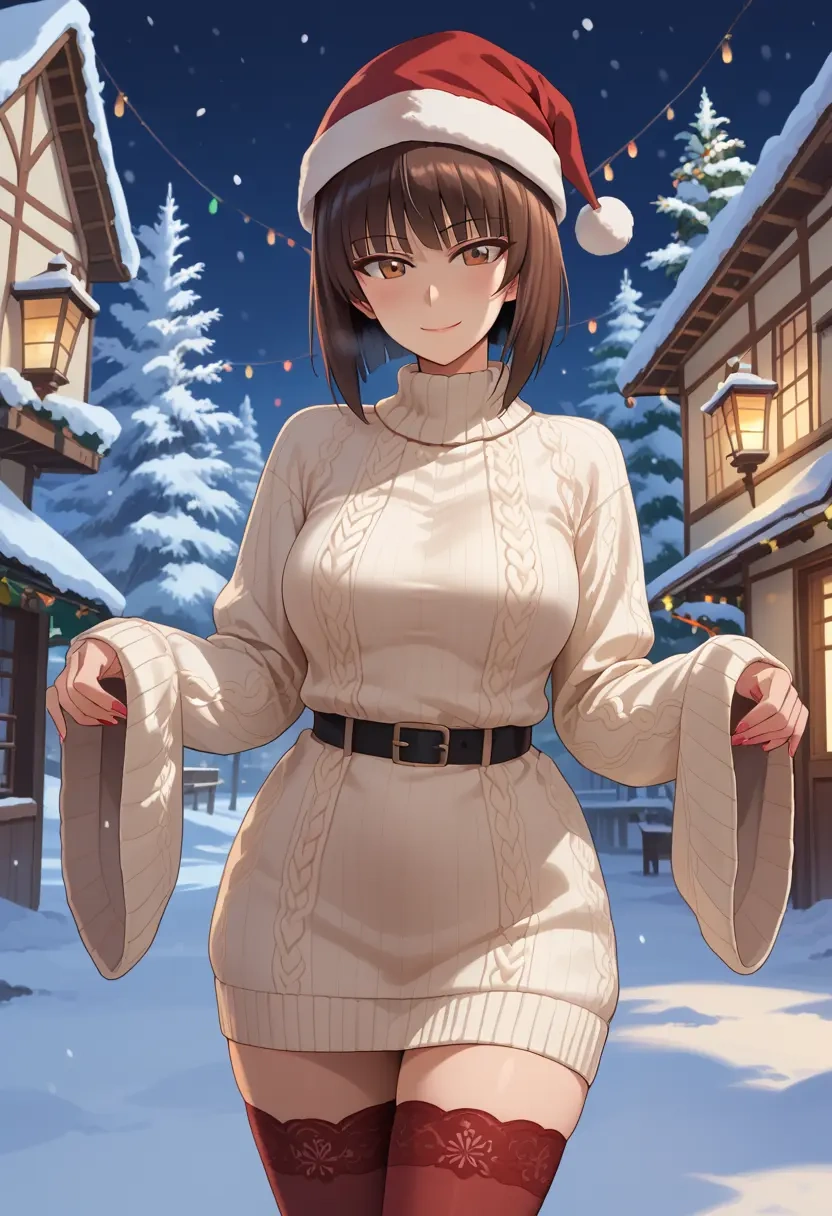 girls_und_panzer,nishizumi_shiho,Christmas,sweater dress,stockings  - 