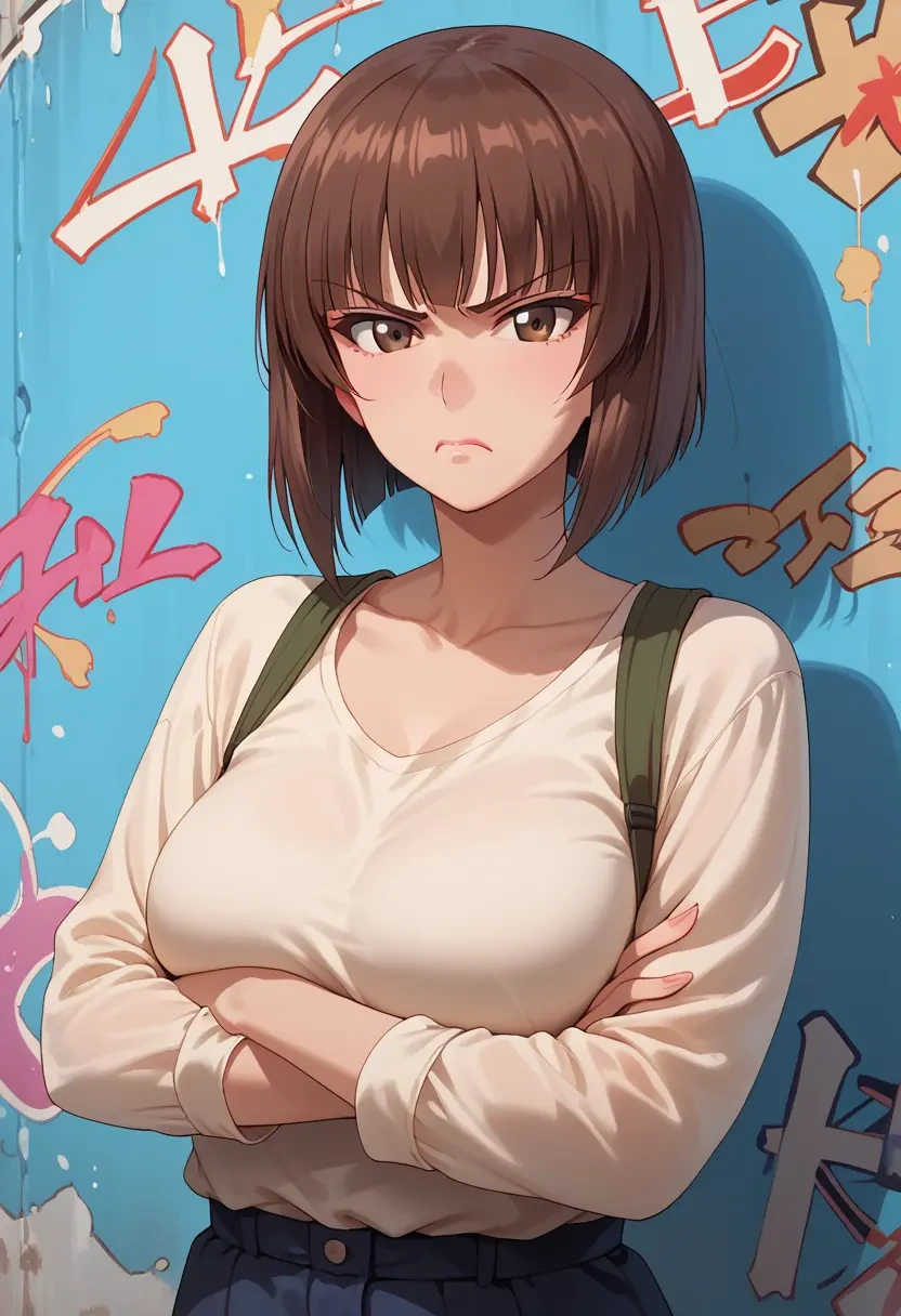 girls_und_panzer,nishizumi_shiho,neon graffiti top,dolphin shorts  - 