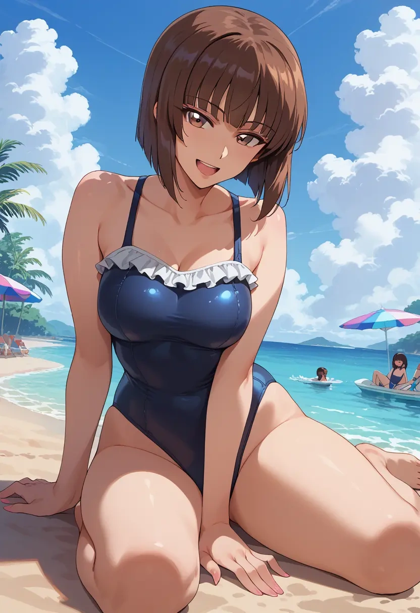 girls_und_panzer,nishizumi_shiho,retro style swimsuit,frilled neckline,bow detail  - 