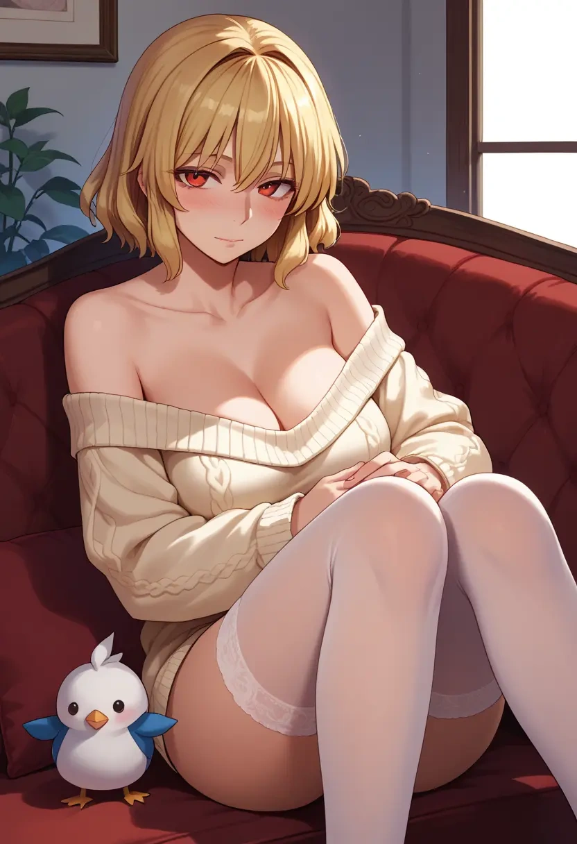 touhou,niwatari_kutaka,blushing,off-shoulder,sweater,stockings  - 