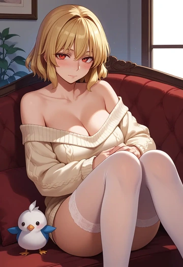 touhou,niwatari_kutaka,blushing,off-shoulder,sweater,stockings  - AI generated anime art