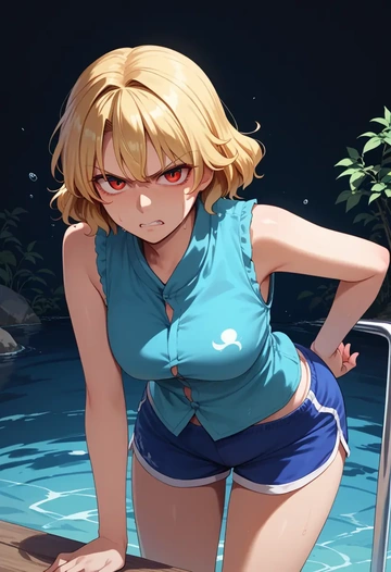 touhou,niwatari_kutaka,sleeveless swim top,shorts-style bottom,contrast stitching  - AI generated anime art