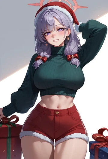 blue_archive,noa_(blue_archive),Christmas,red velvet shorts,turtleneck sweater  - AI generated anime art