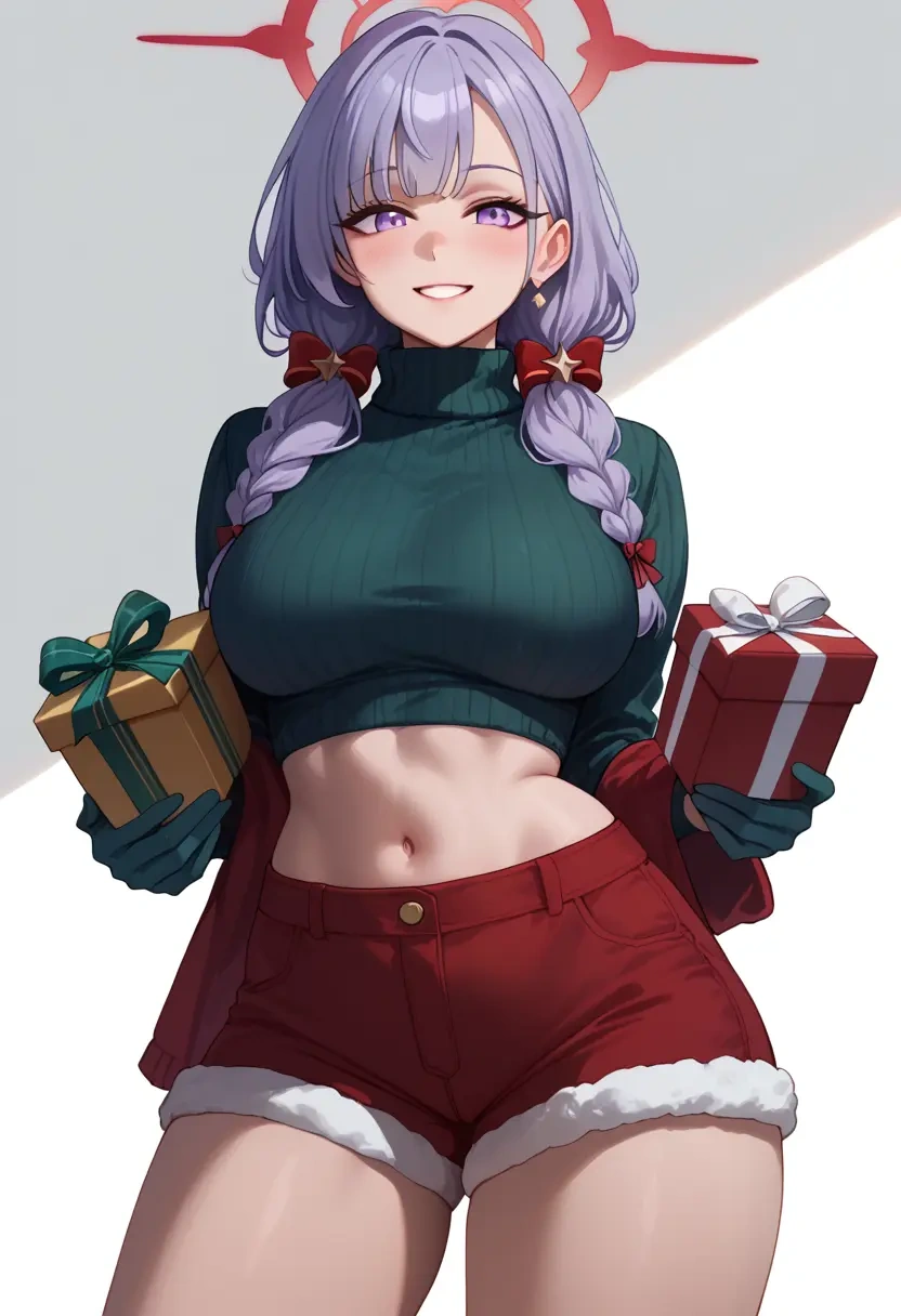 blue_archive,noa_(blue_archive),Christmas,red velvet shorts,turtleneck sweater  - 