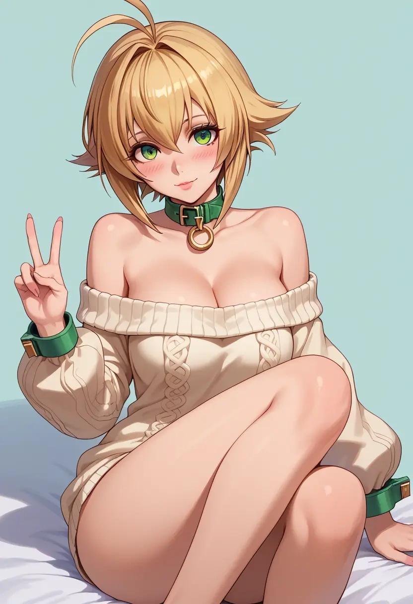 blazblue,noel_vermillion,blushing,collar,peace sign,off-shoulder,sweater  - 