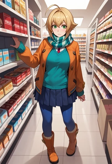 blazblue,noel_vermillion,winter,student uniform,puffer jacket  - AI generated anime art