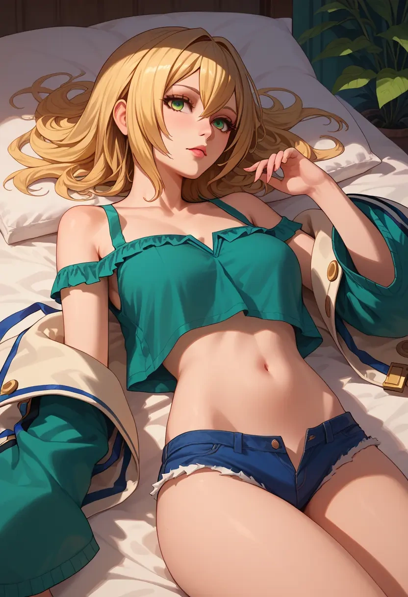 blazblue,noel_vermillion,off-shoulder top,dolphin shorts  - 