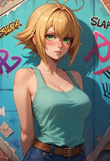 blazblue,noel_vermillion,abstract graffiti tank,dolphin shorts  - AI generated anime art