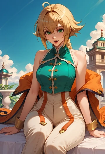 blazblue,noel_vermillion,jumpsuit,sleeveless,flare pants  - AI generated anime art