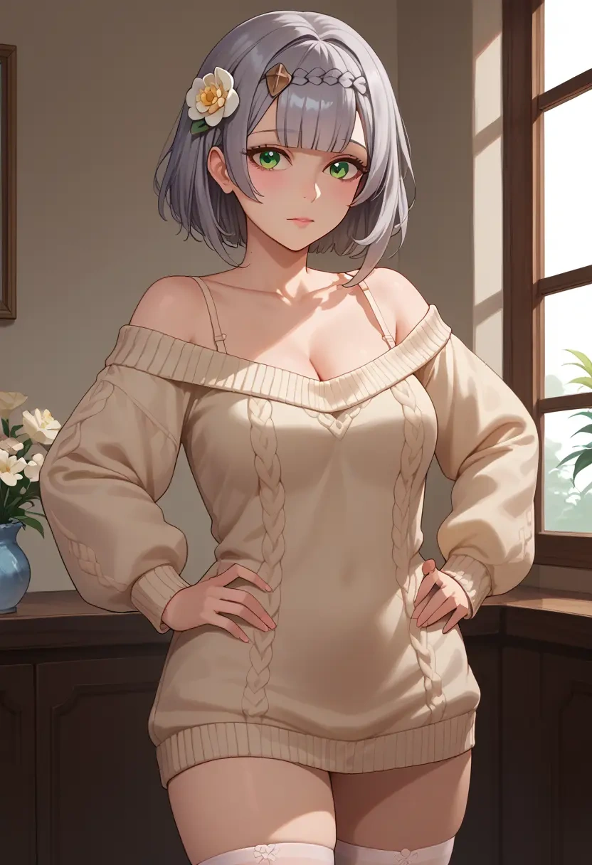 genshin impact,noelle_(genshin_impact),Hands on hips,off-shoulder,sweater,stockings  - 